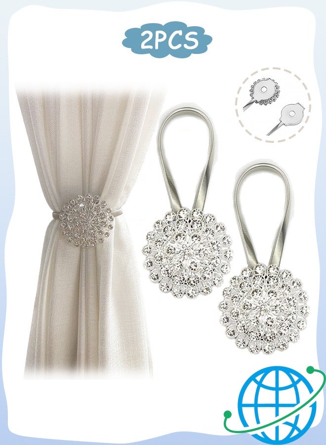 MXN 2 Pcs Magnetic Curtain Tie Backs - Sparkling Crystal Flower Curtain Magnetic TieBacks, European Drapes Clips Rope Holdbacks for Home, Office, Hotel Window Decorative - Image 1